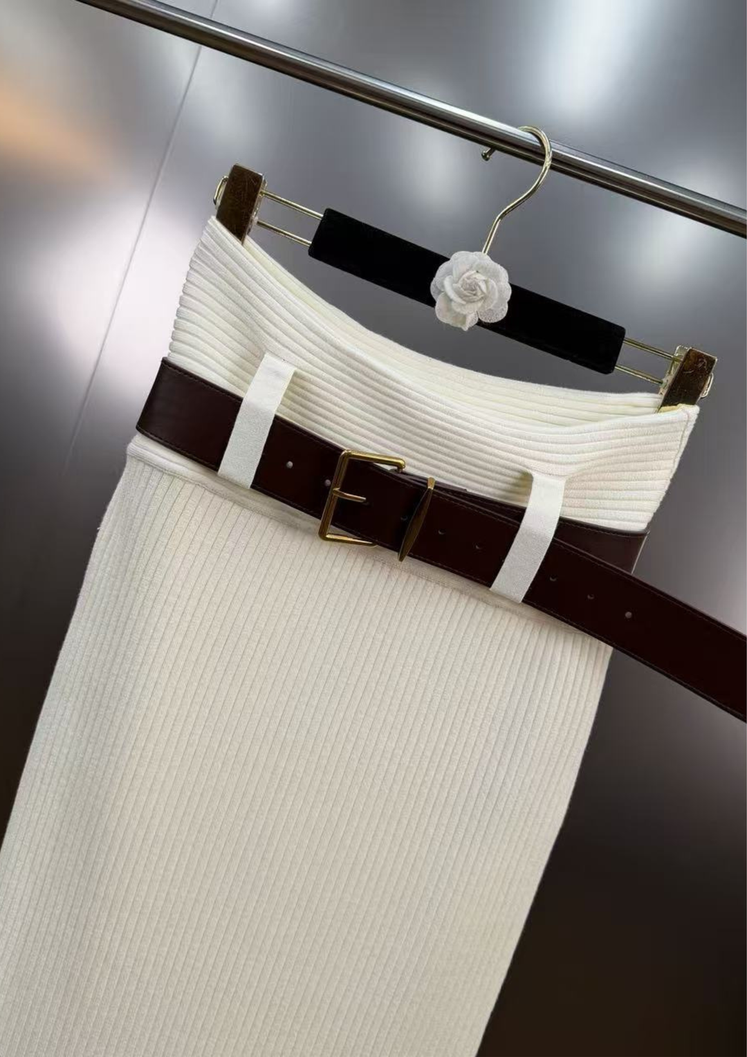 Alina Rib Knit belted Skirt Bodysuit Set