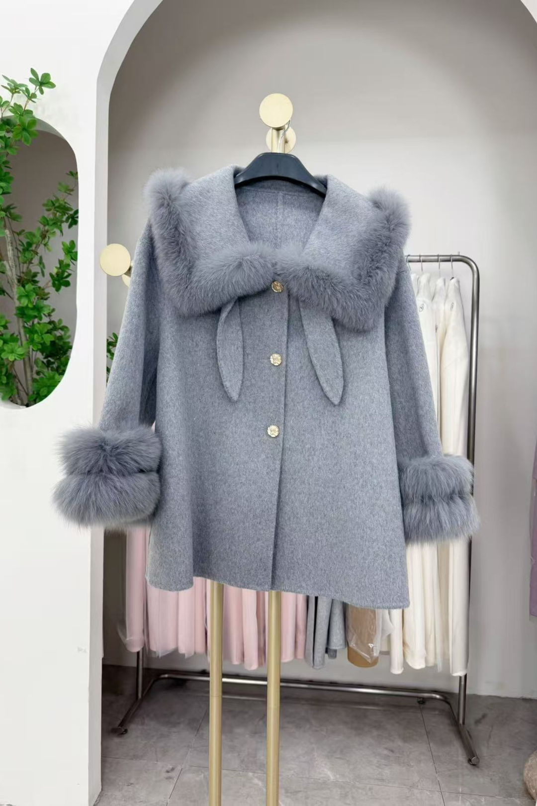 Pastel Plush Fur Collar Cuff Swing Wool Coat