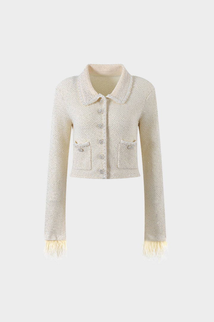 Pearl Luxe Trim Tweed Feather Detail Cropped Cardigan Jacket