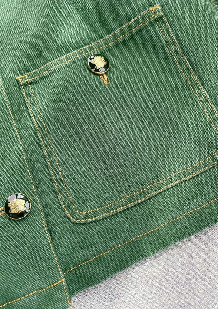 Leather Collar Casual Denim Green  Jacket