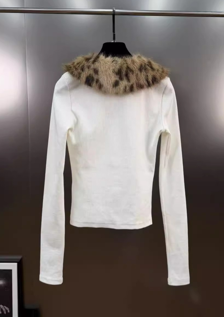 Plush Leopard Fur V Neck Knit Cardigan Top