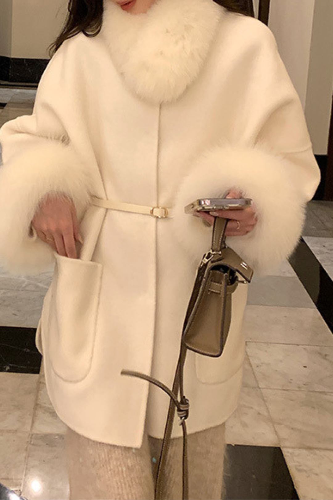 Luxe Double Faced Fox Fur Cuffs Wool Coat