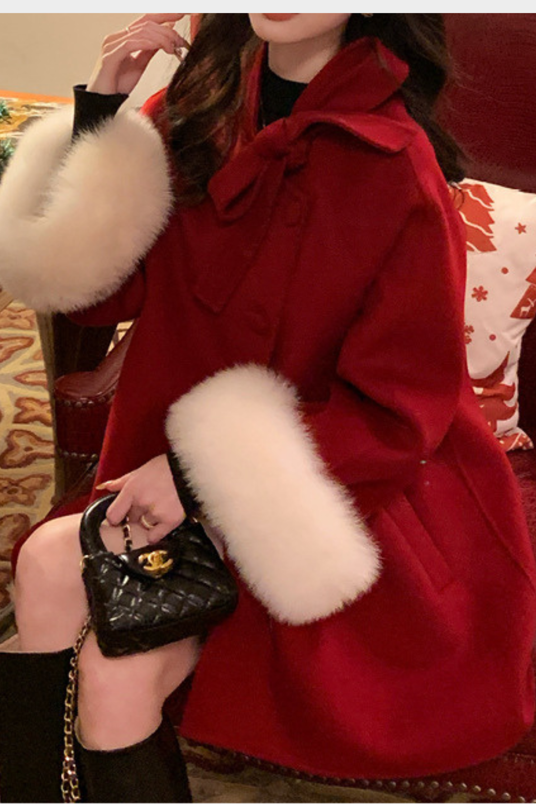 Fox Fur Wool Poncho Bow Statement Cuffs Coat