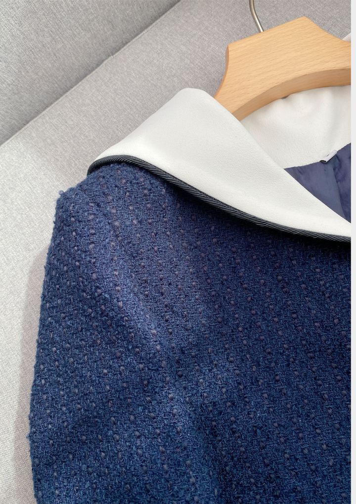 Navy Contrast Elegance Tweed Belted Set