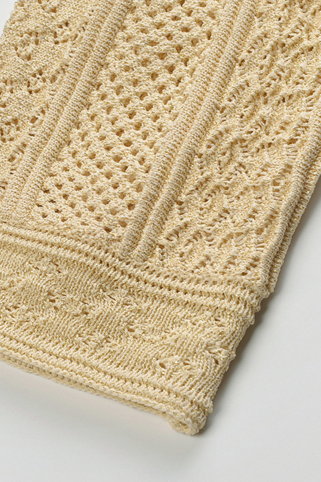 Beige Hollow Knitted Viscose Pearl Button Cardigan & Maxi Skirt Set