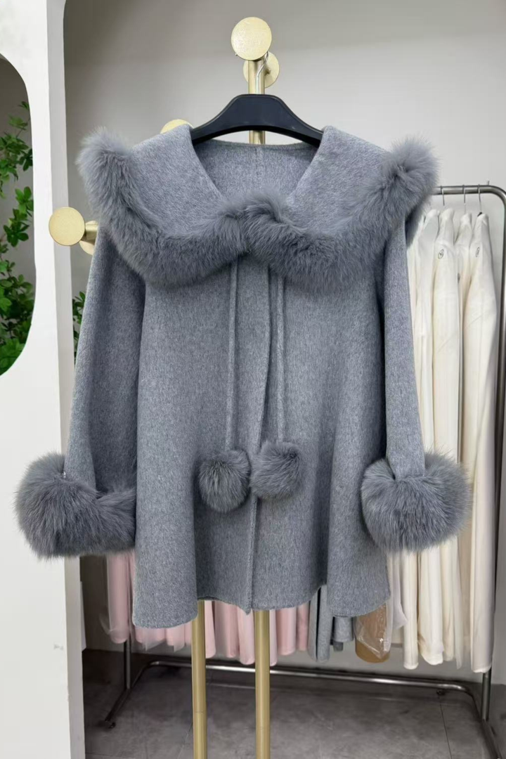 Fox Fur Trim Double Faced Wool Swing Coat