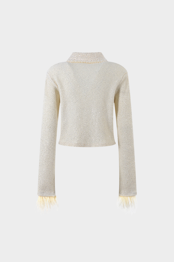 Pearl Luxe Trim Tweed Feather Detail Cropped Cardigan Jacket