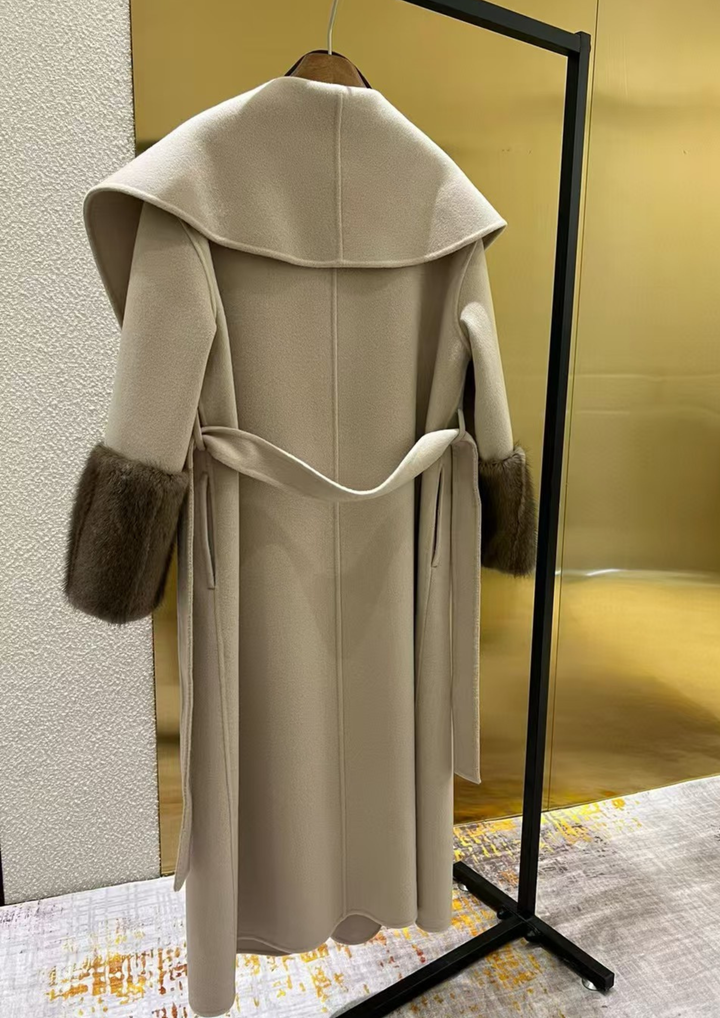 Amara Cashmere Rex Fur Cuff Drape Coat