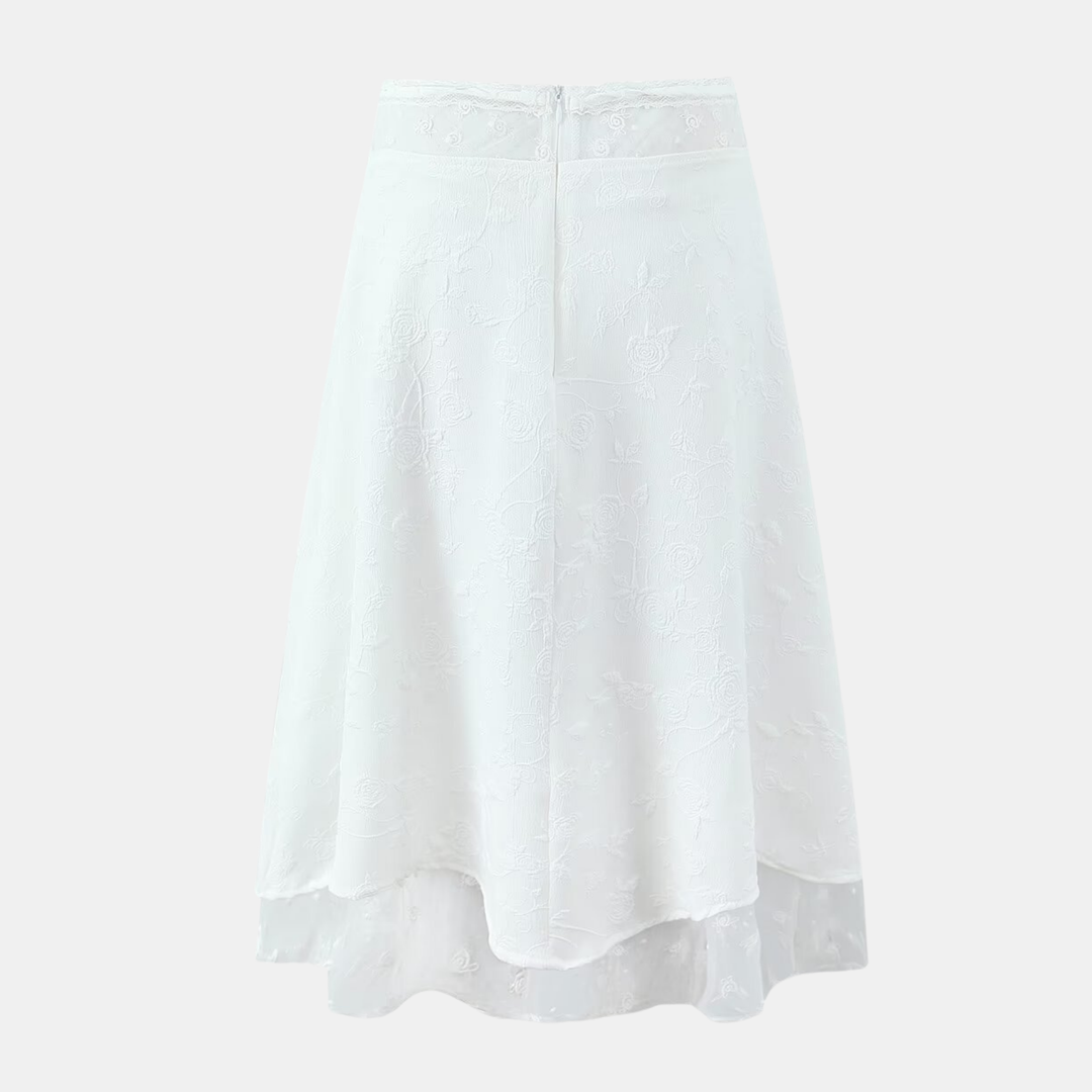 White Embroidered Lace Top & Midi Layered Skirt - Set