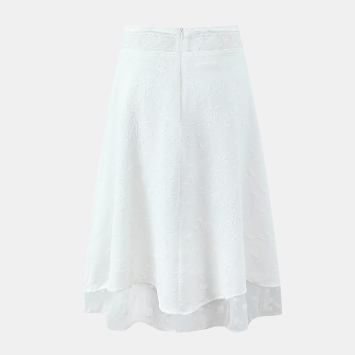 White Embroidered Lace Top & Midi Layered Skirt - Set