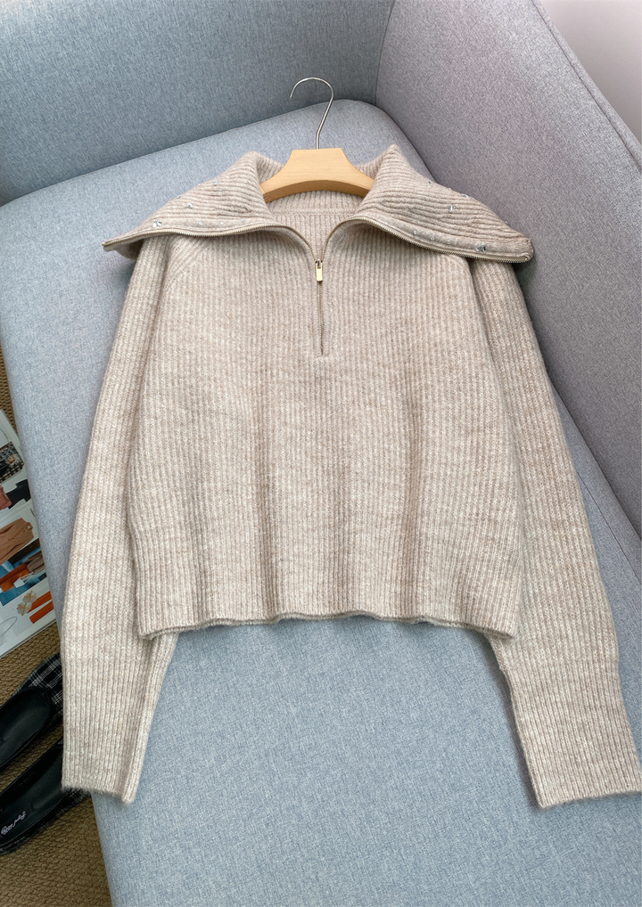 Rhinestone Half Zip Oversized Collar Knit Top