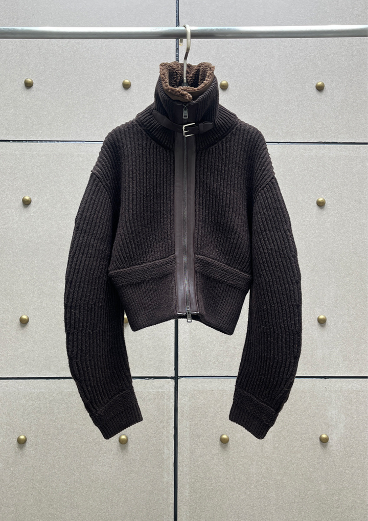 Shearling Collar Knit Zip Jacket