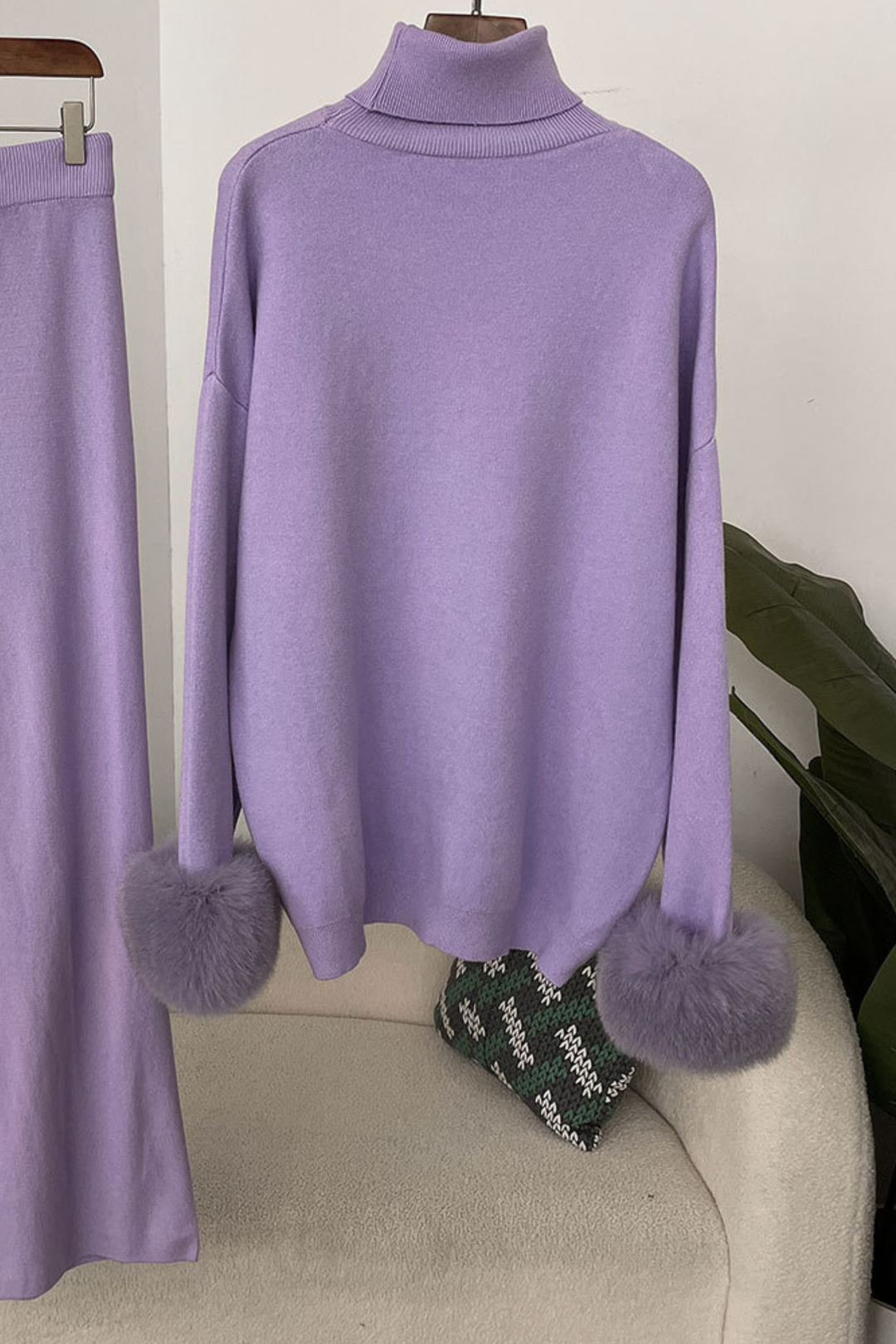 Ivy Real Fox Fur Turtleneck Knit Lounge Set