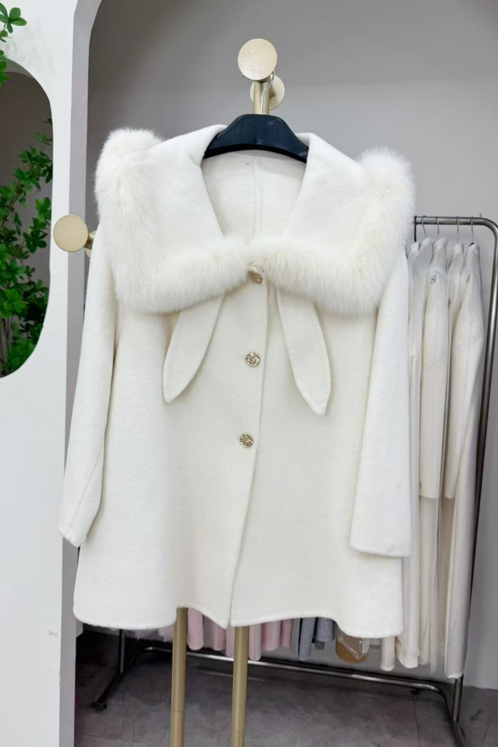 Pastel Plush Fur Collar Cuff Swing Wool Coat