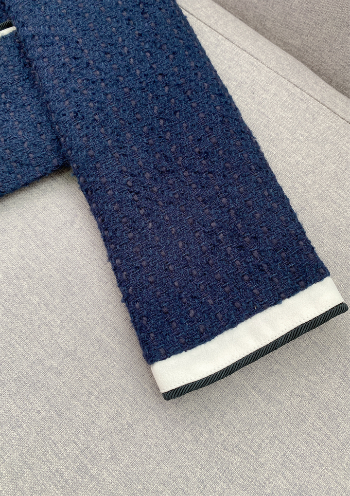 Navy Contrast Elegance Tweed Belted Set