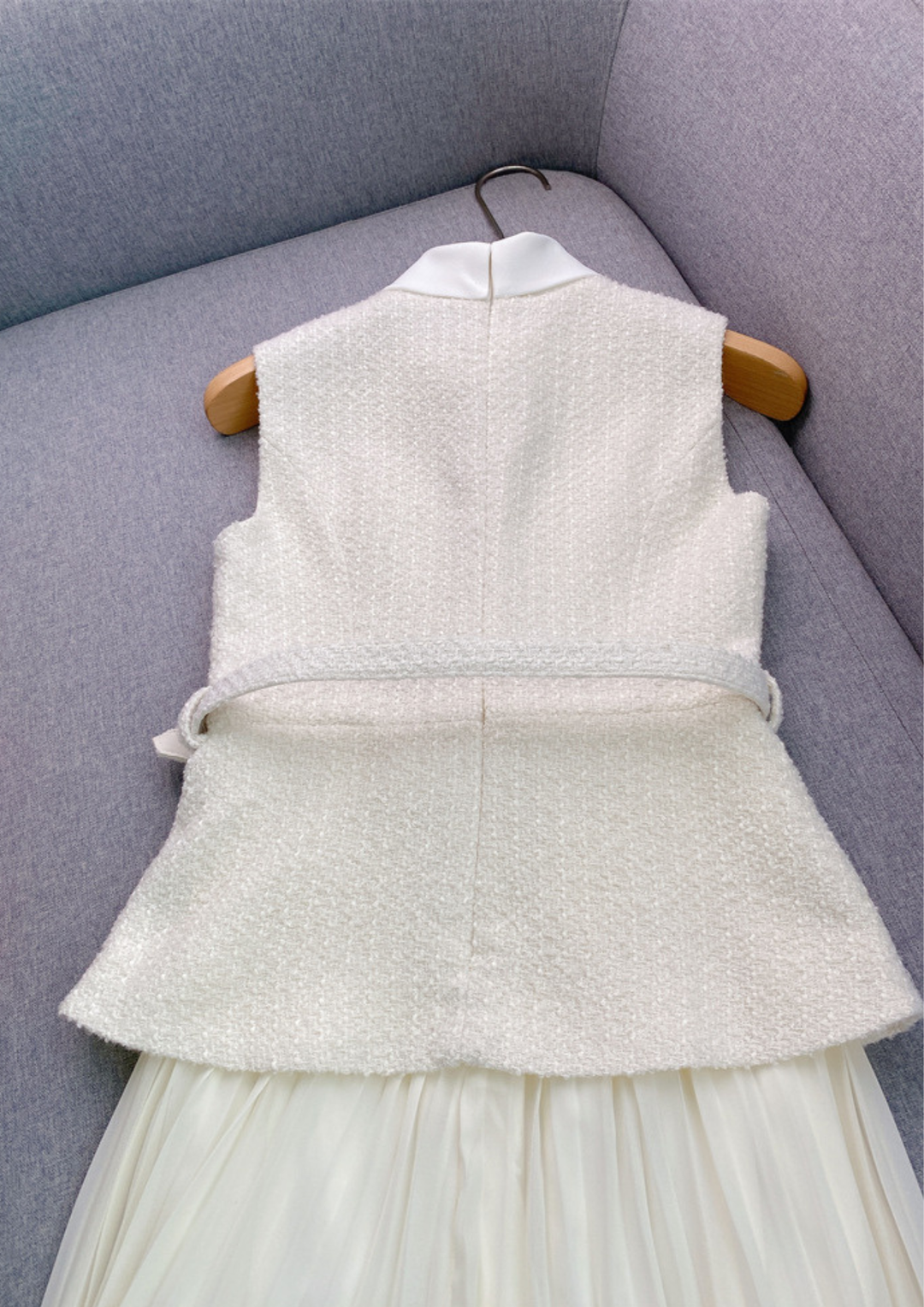 Crystal Bow Elegance Tweed Belted Pleated Maxi Dress