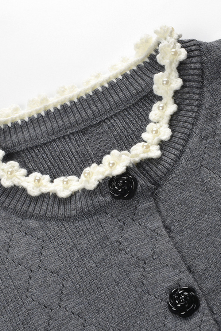 Grey Pleated Mini Skirt with Pearl Flower Waistline