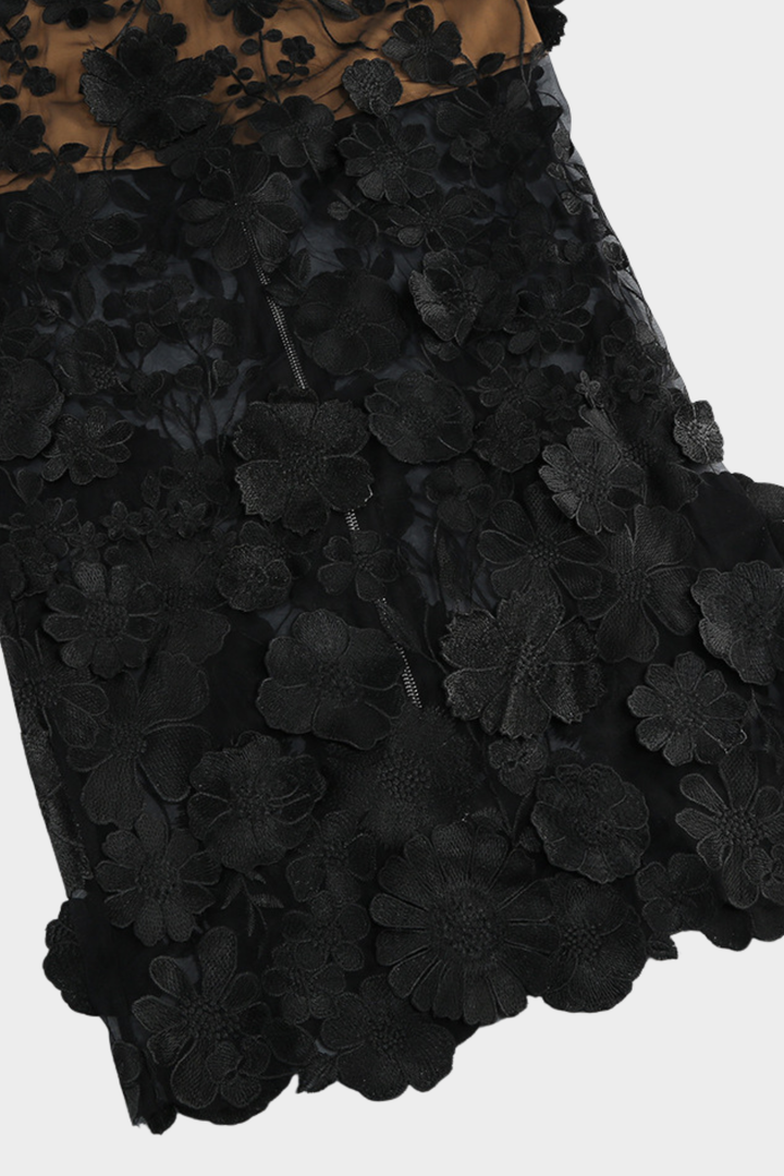 Noir Chic Floral Mesh Maxi Strapless Maxi Dress