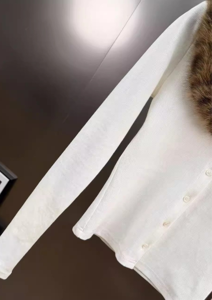 Plush Leopard Fur V Neck Knit Cardigan Top