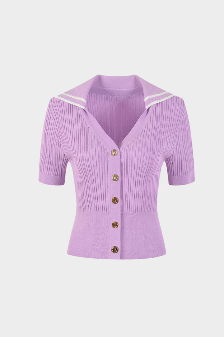 Sailor Collar Ribbed Knit Button Up Top