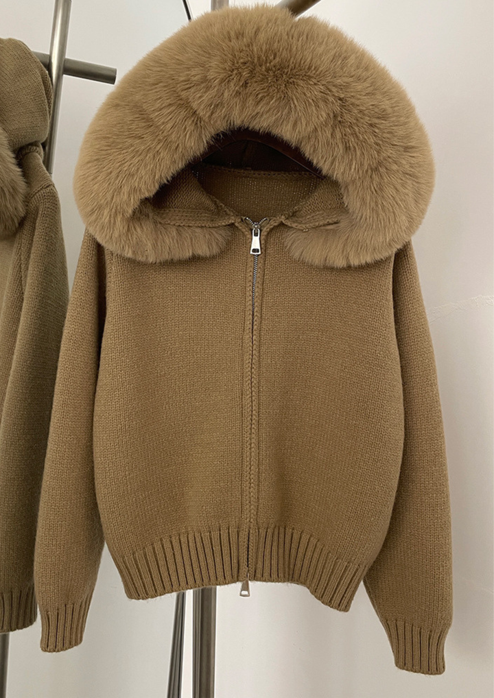 Fox Fur Collar Soft Wool Hooded Cardigan Top