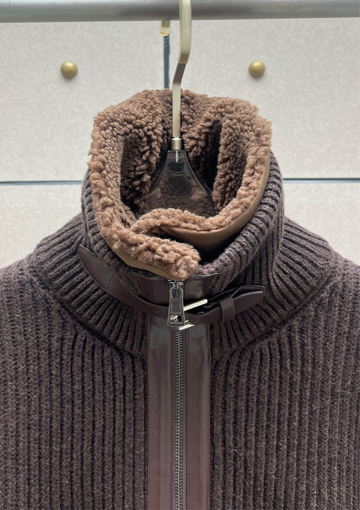 Shearling Collar Knit Zip Jacket
