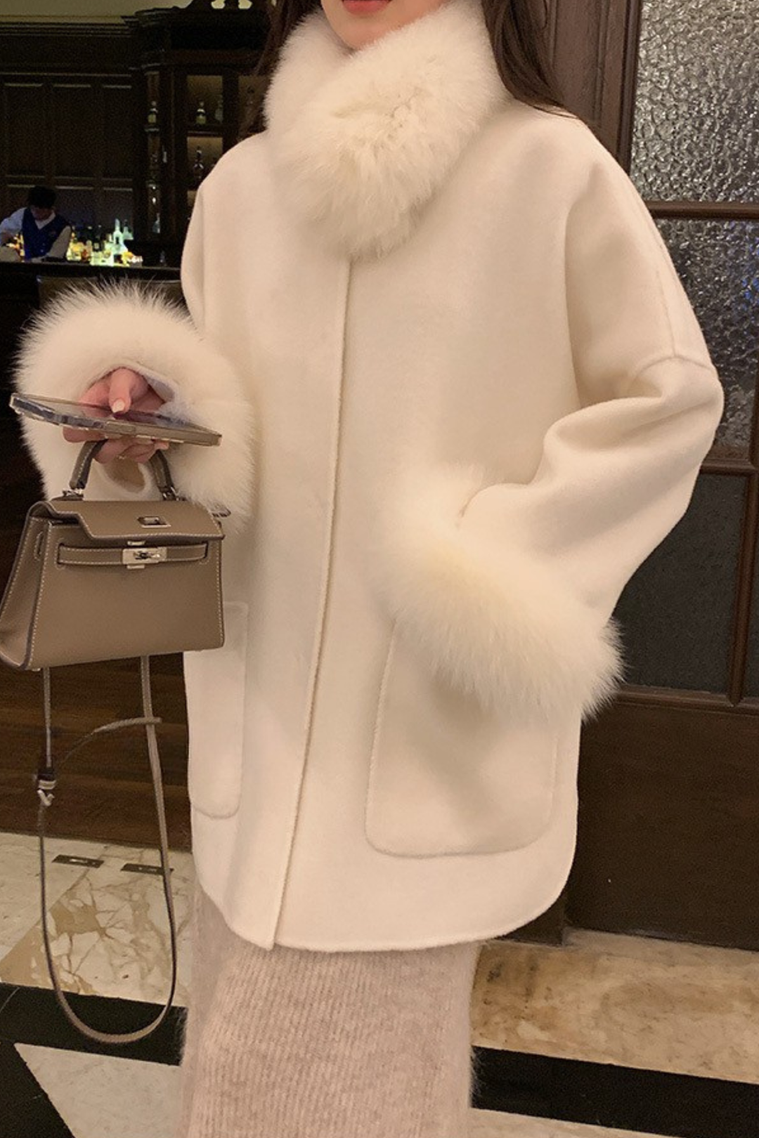 Luxe Double Faced Fox Fur Cuffs Wool Coat