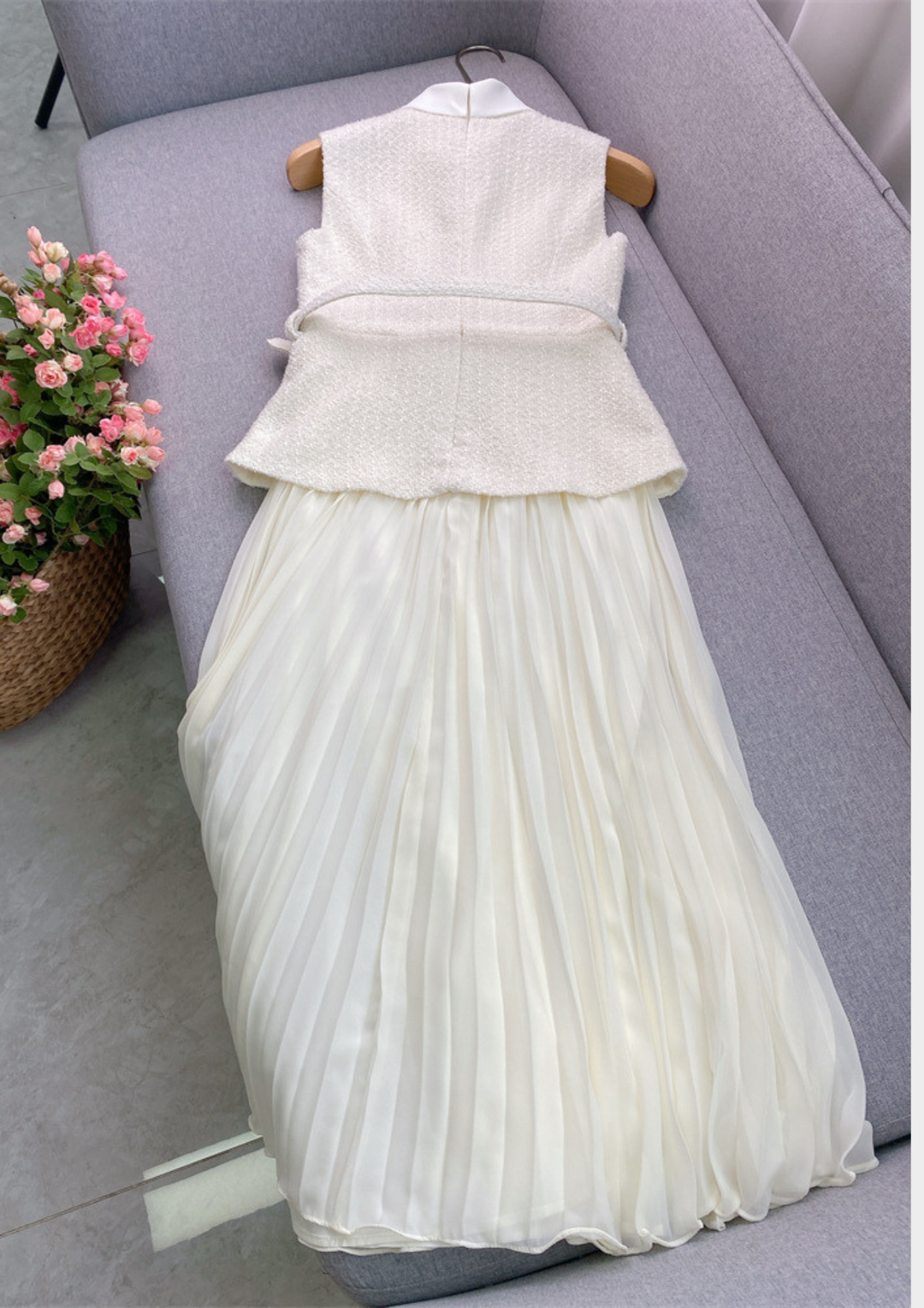 Crystal Bow Elegance Tweed Belted Pleated Maxi Dress