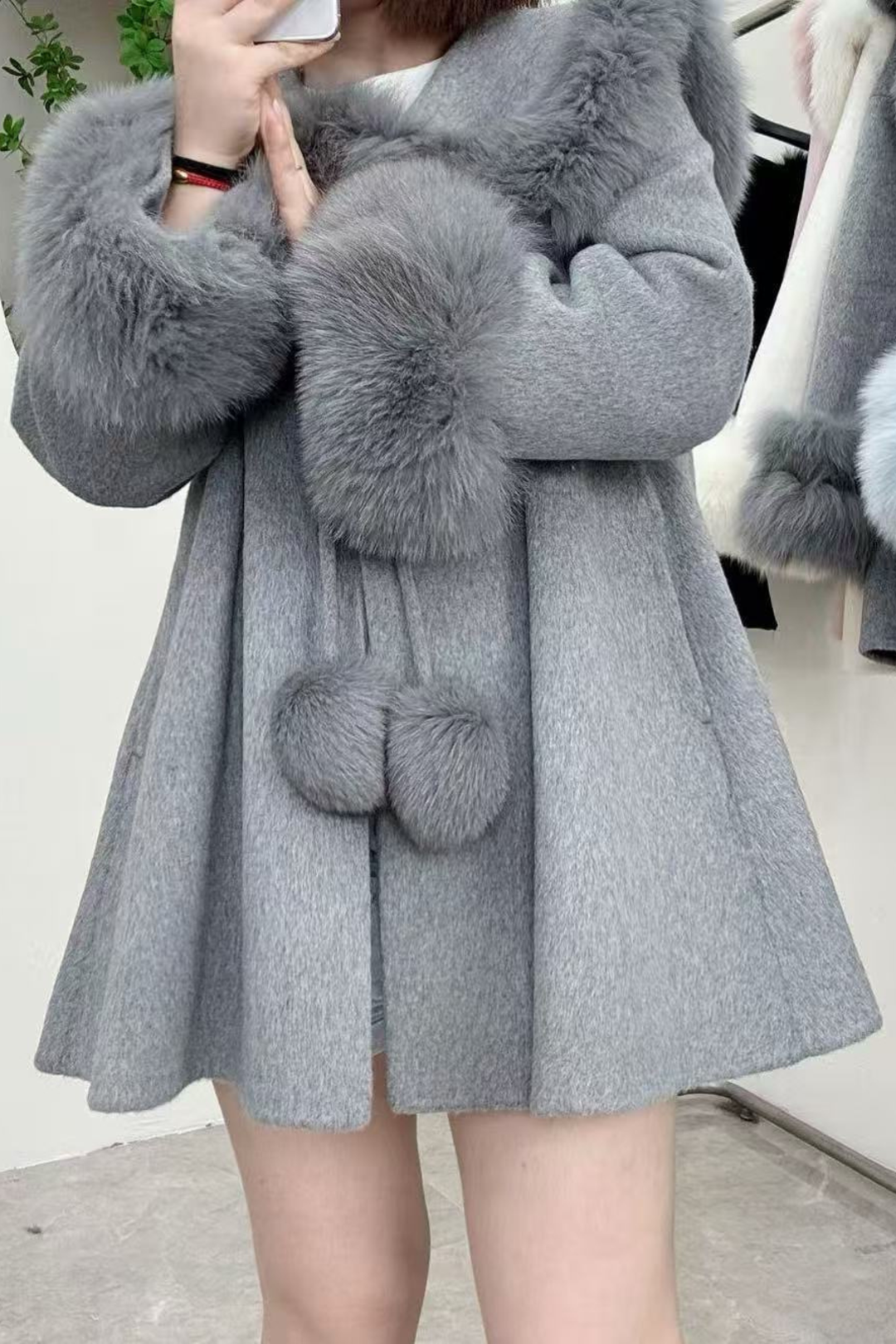 Fox Fur Trim Double Faced Wool Swing Coat