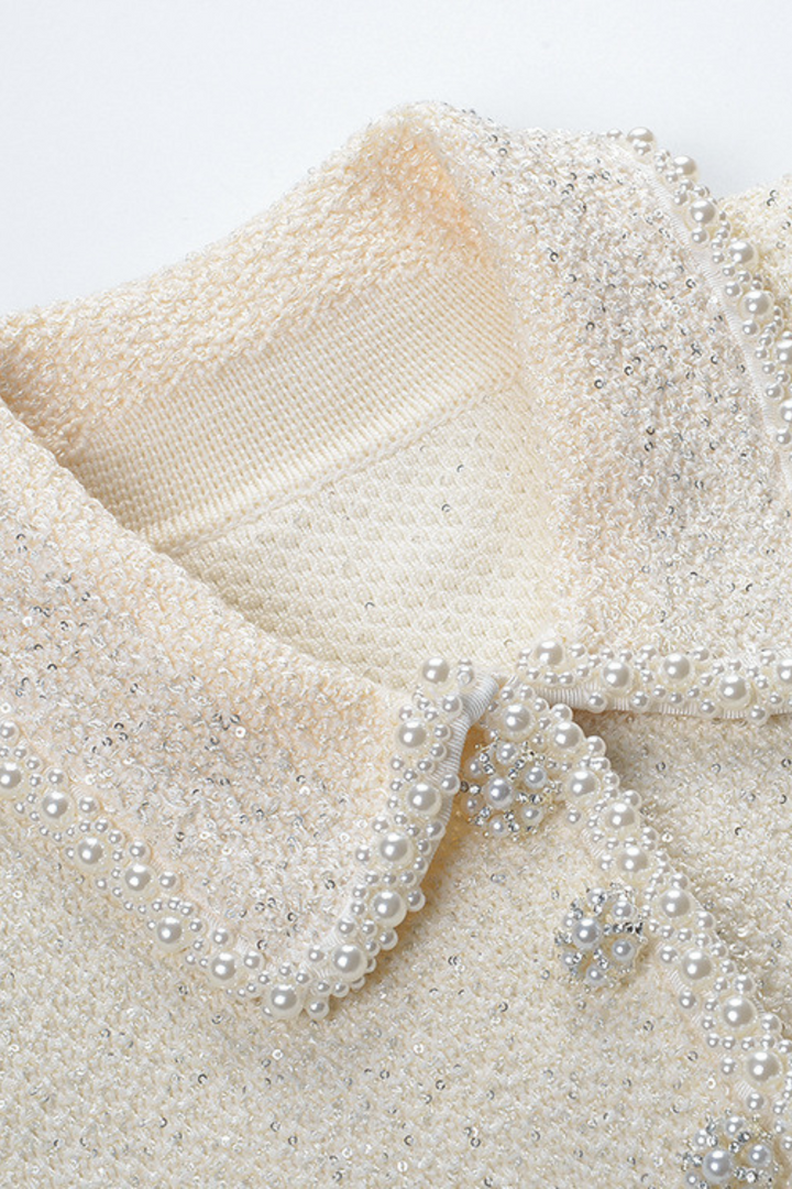 Pearl Luxe Trim Tweed Feather Detail Cropped Cardigan Jacket