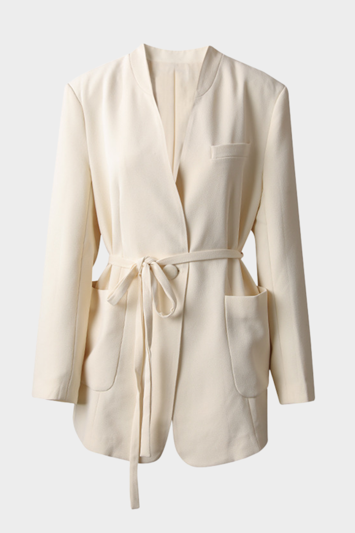 Tie Waist V Neck Crepe Patch Pockets Blazer