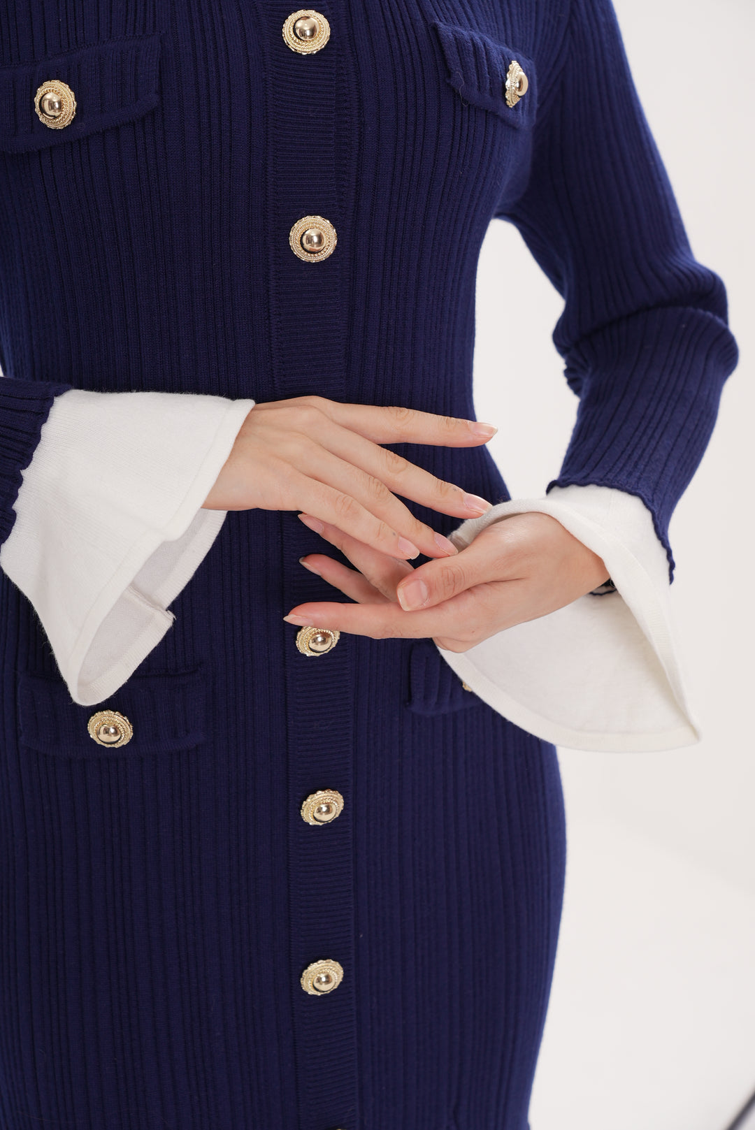 Majestic Knit Contrast Cuffs Sculpted Waist  Maxi Dress