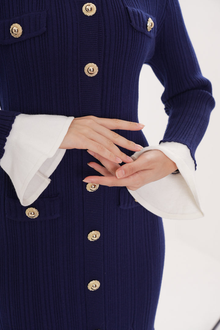 Majestic Knit Contrast Cuffs Sculpted Waist  Maxi Dress