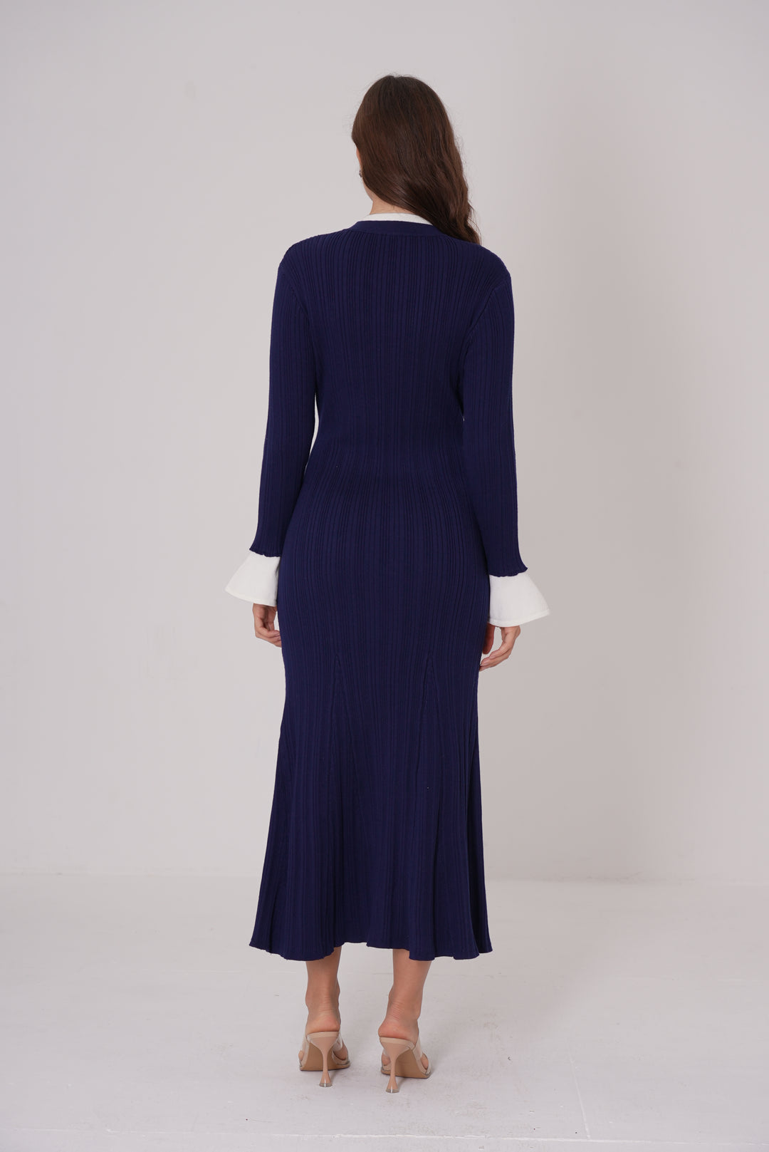 Majestic Knit Contrast Cuffs Sculpted Waist  Maxi Dress