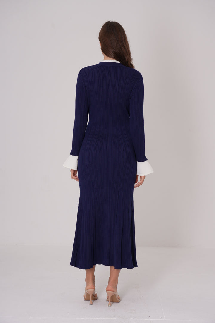 Majestic Knit Contrast Cuffs Sculpted Waist  Maxi Dress