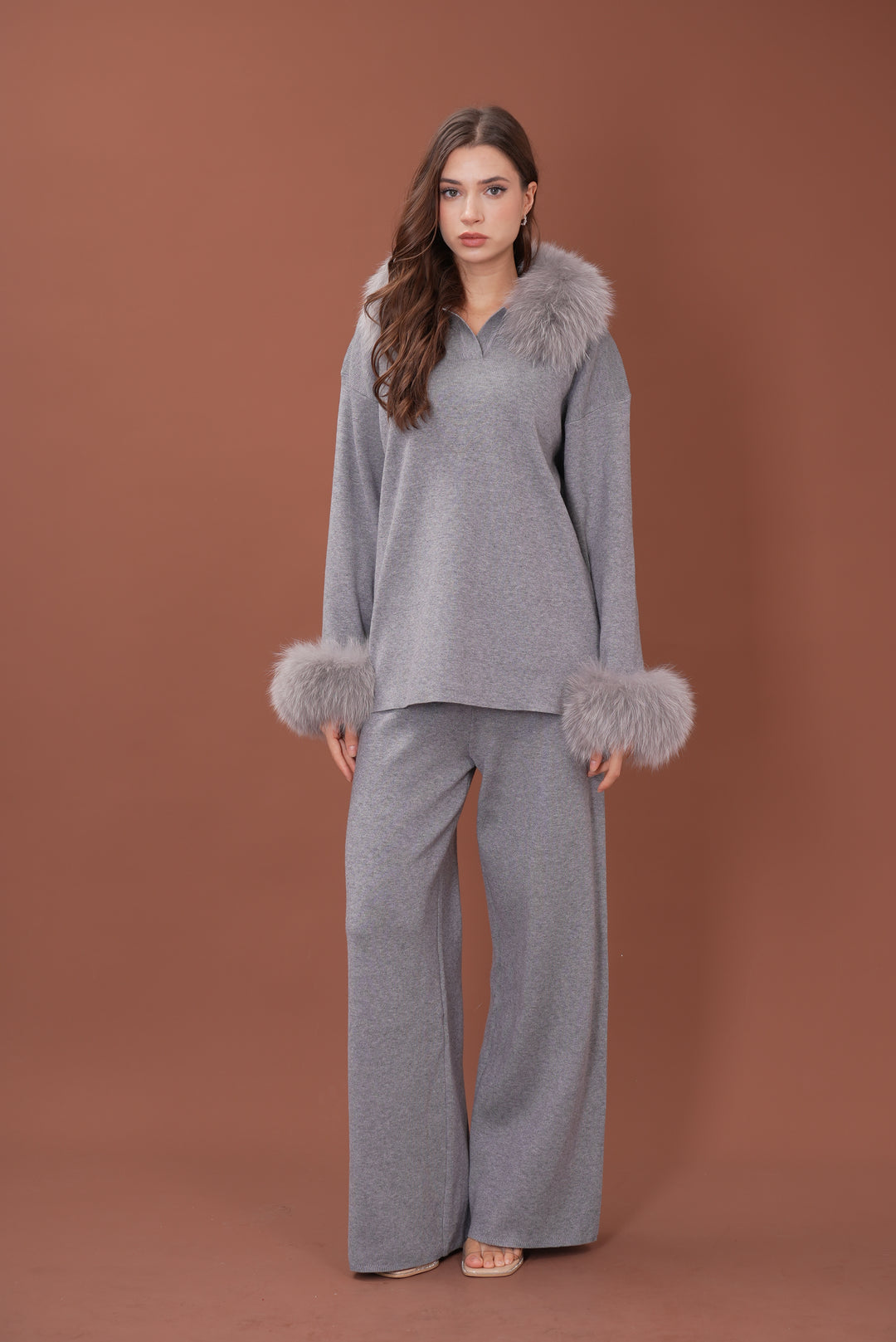 Velora Real Fox Fur Knit Lounge Set - Fur Cuff Edition
