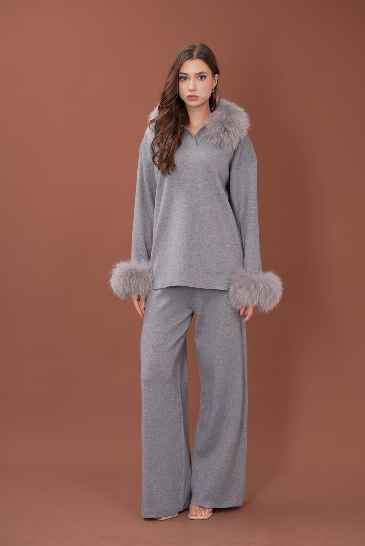 Velora Real Fox Fur Knit Lounge Set - Fur Cuff Edition