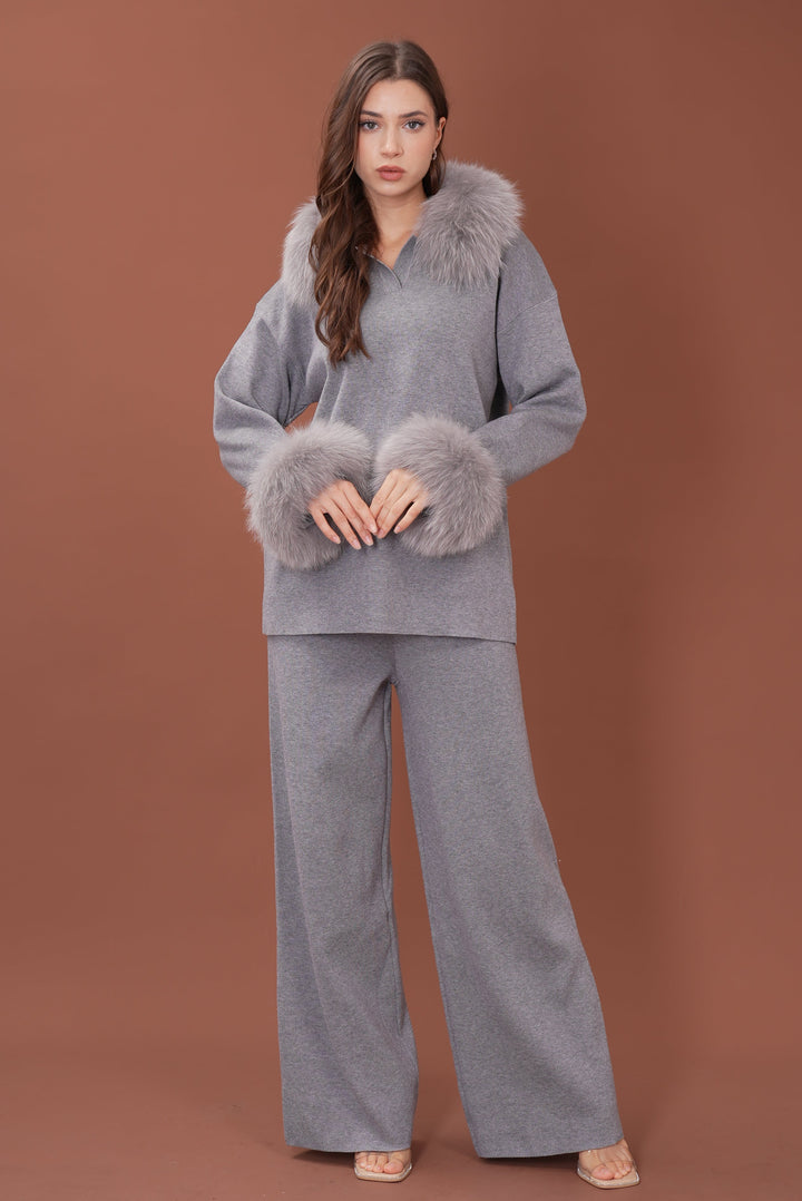 Velora Real Fox Fur Knit Lounge Set - Fur Cuff Edition