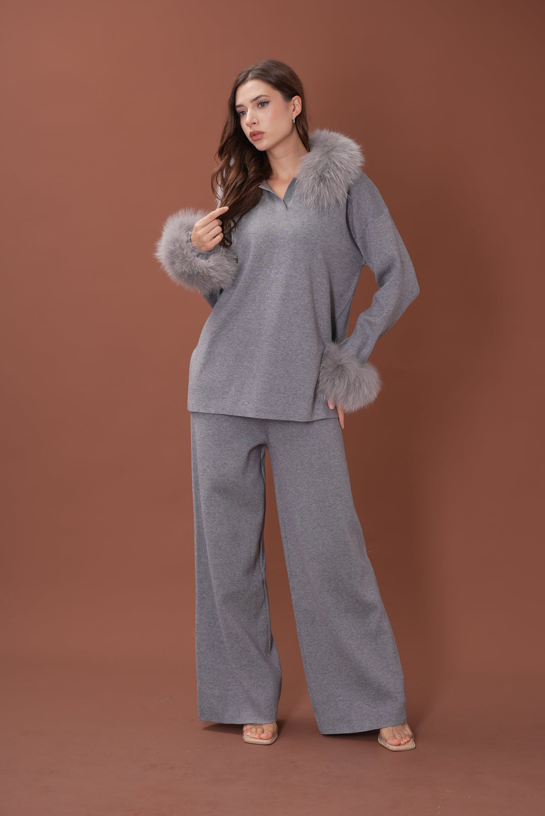 Velora Real Fox Fur Knit Lounge Set - Fur Cuff Edition