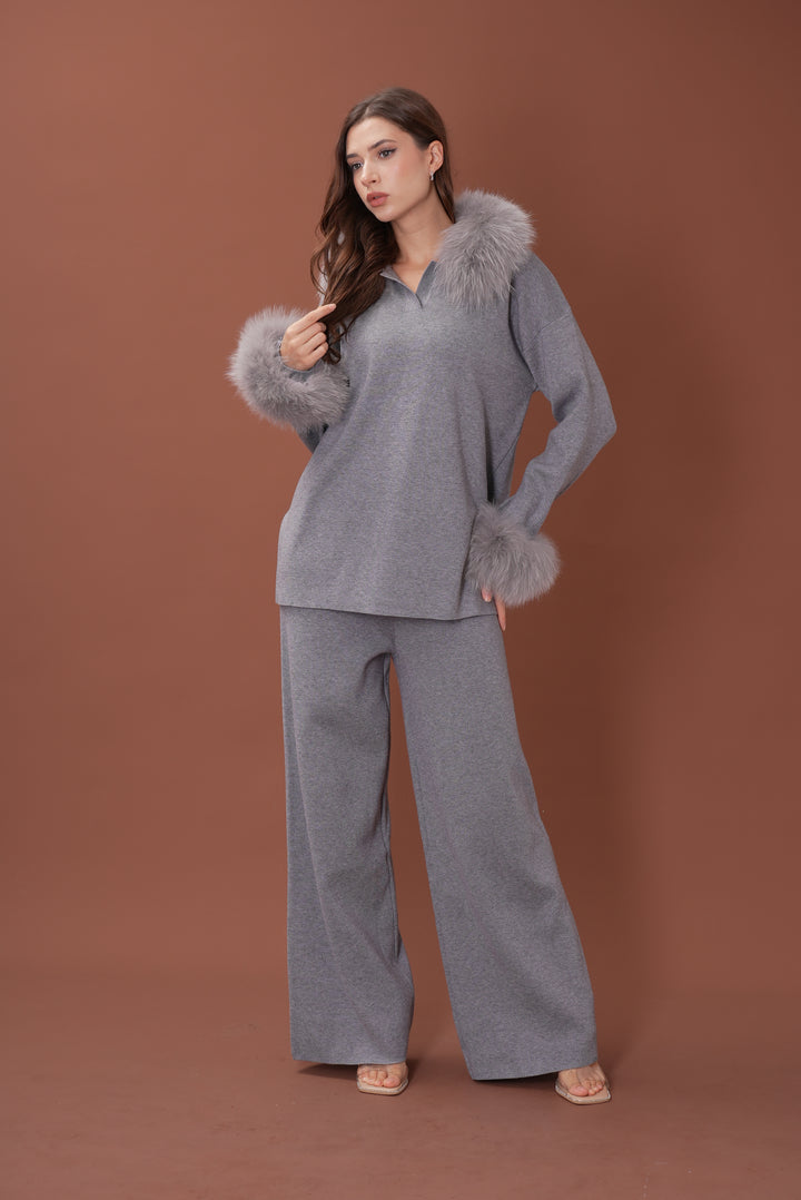 Velora Real Fox Fur Knit Lounge Set - Fur Cuff Edition