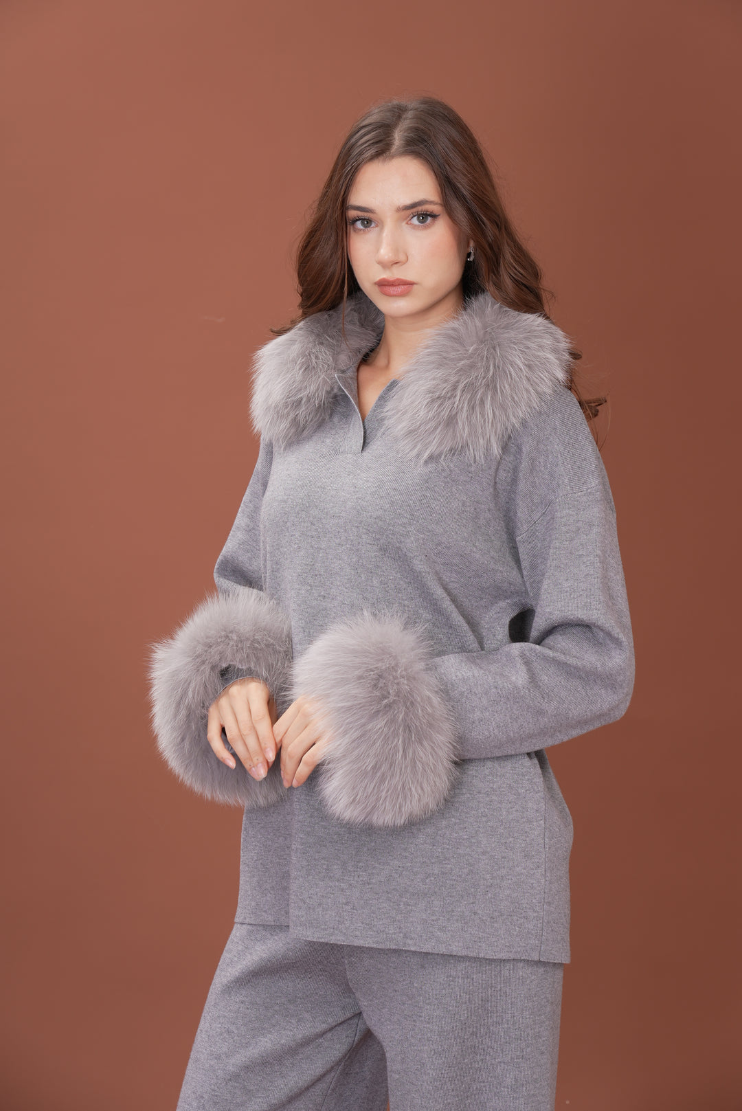 Velora Real Fox Fur Knit Lounge Set - Fur Cuff Edition