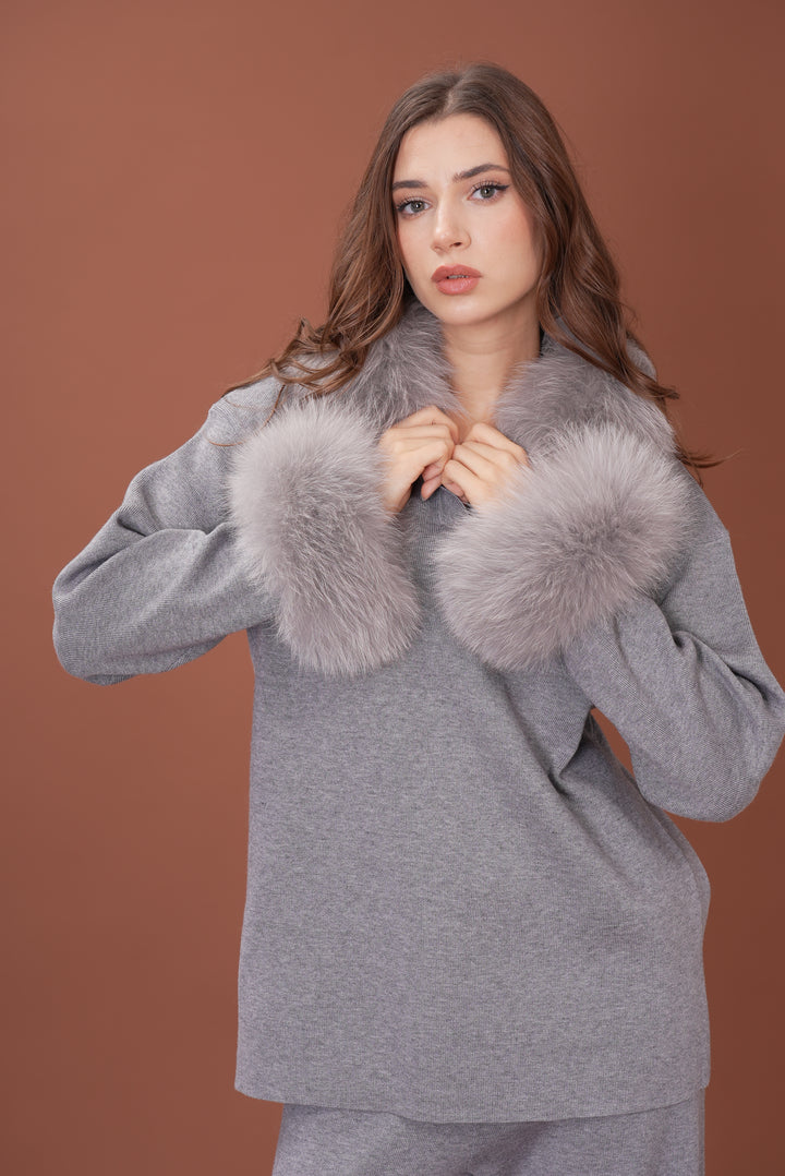 Velora Real Fox Fur Knit Lounge Set - Fur Cuff Edition