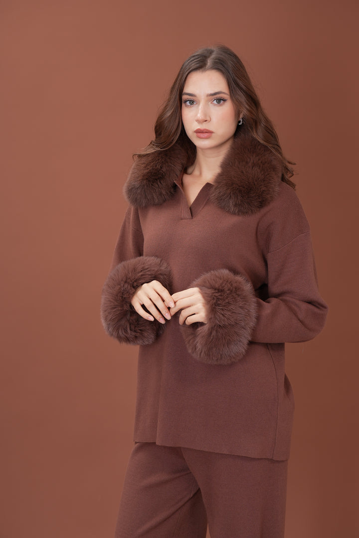 Velora Real Fox Fur Knit Lounge Set - Fur Cuff Edition
