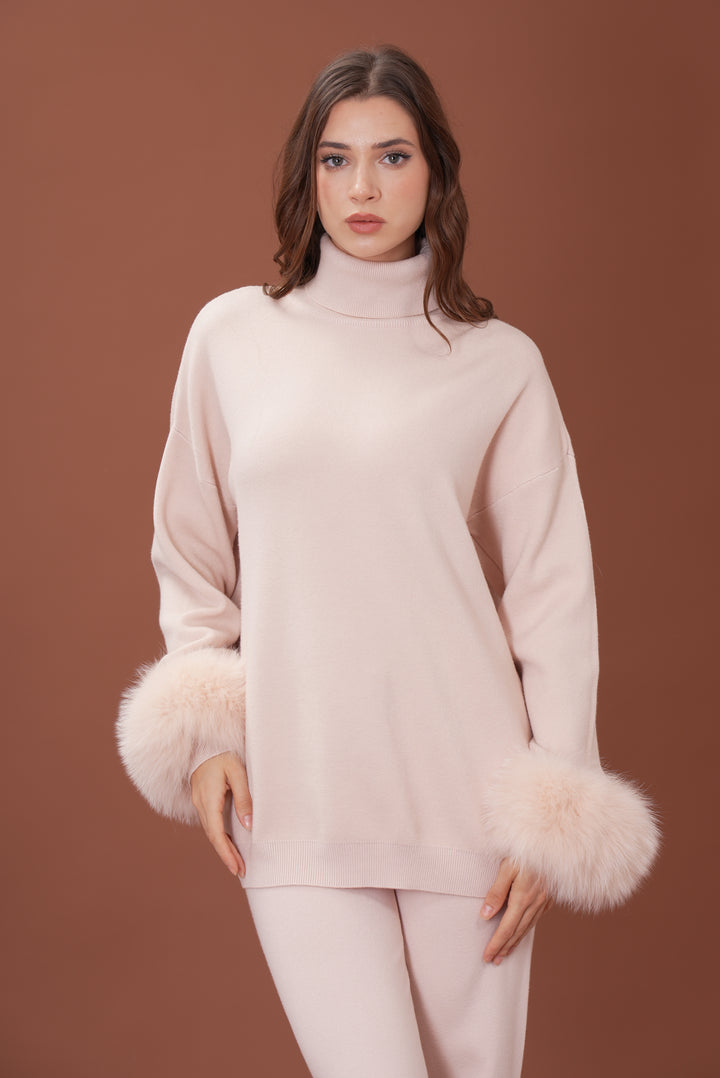 Ivy Real Fox Fur Turtleneck Knit Lounge Set