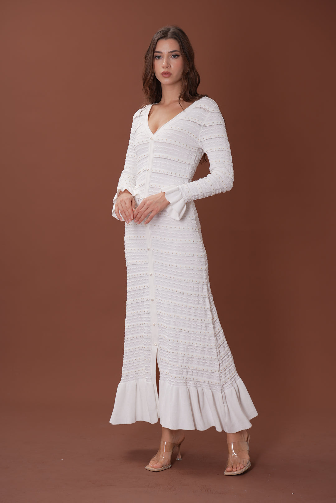 Elegant Pearl V Neck Maxi Dress
