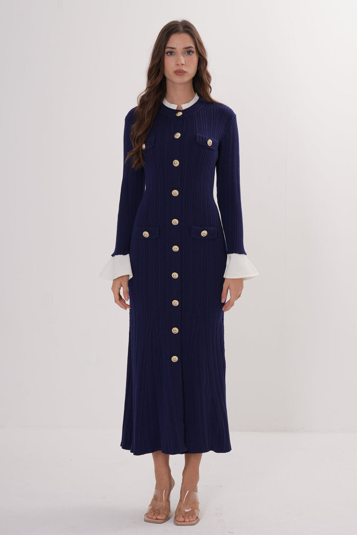 Majestic Knit Contrast Cuffs Sculpted Waist  Maxi Dress