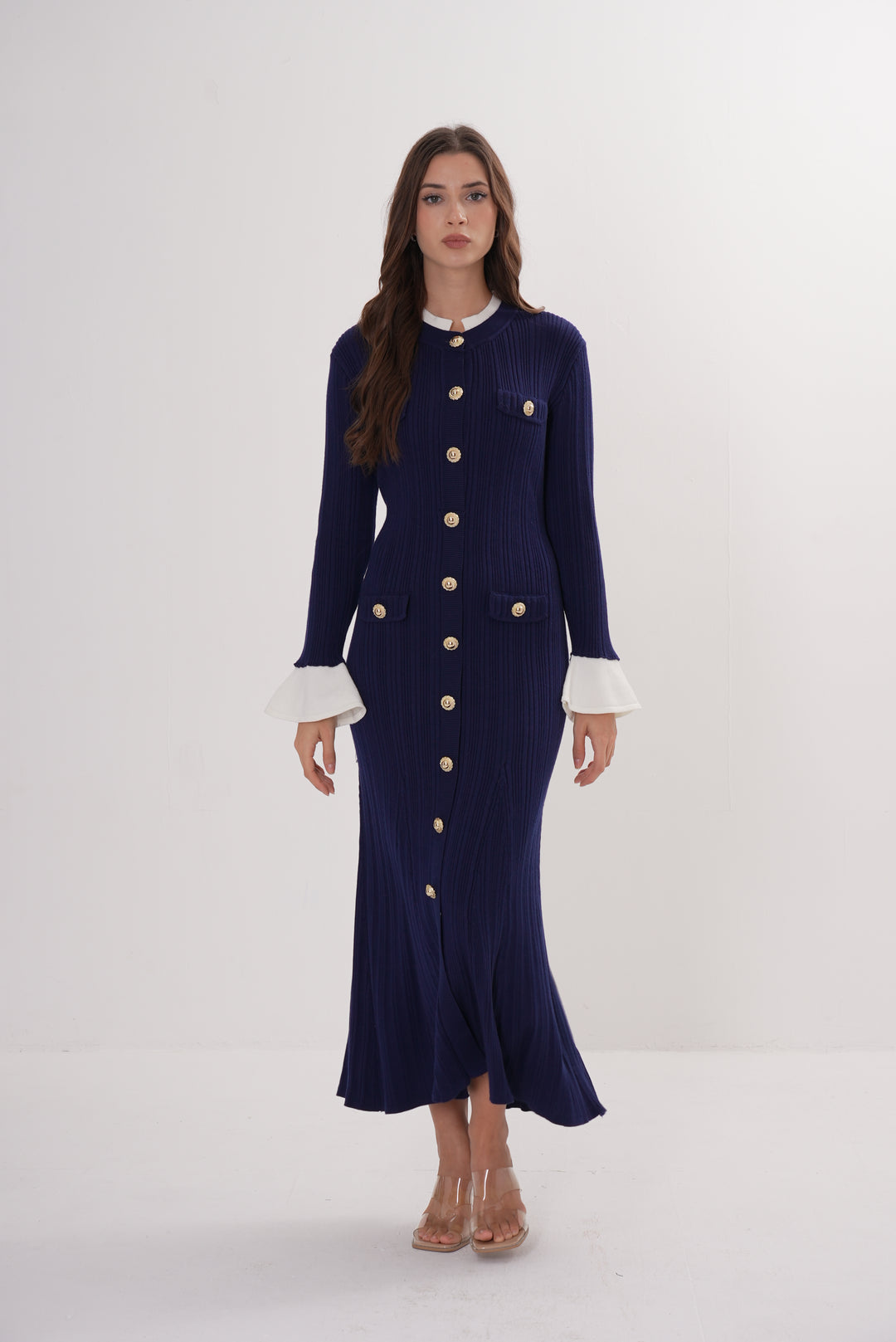 Majestic Knit Contrast Cuffs Sculpted Waist  Maxi Dress