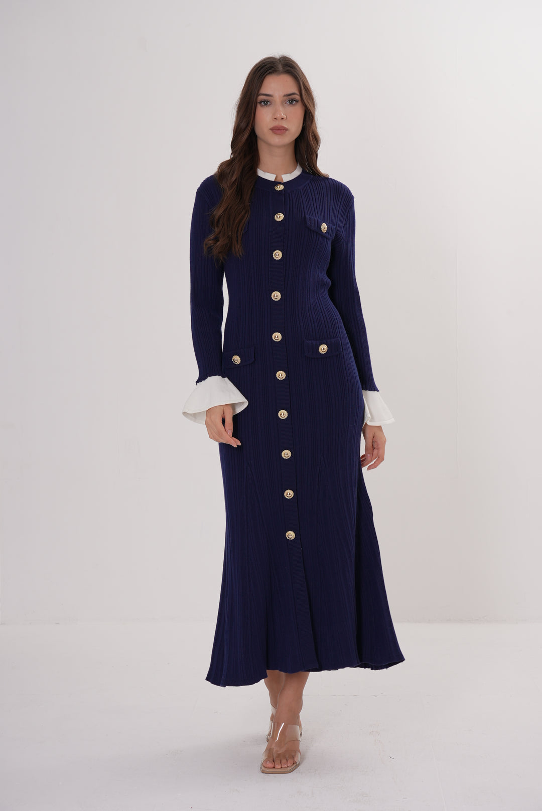 Majestic Knit Contrast Cuffs Sculpted Waist  Maxi Dress