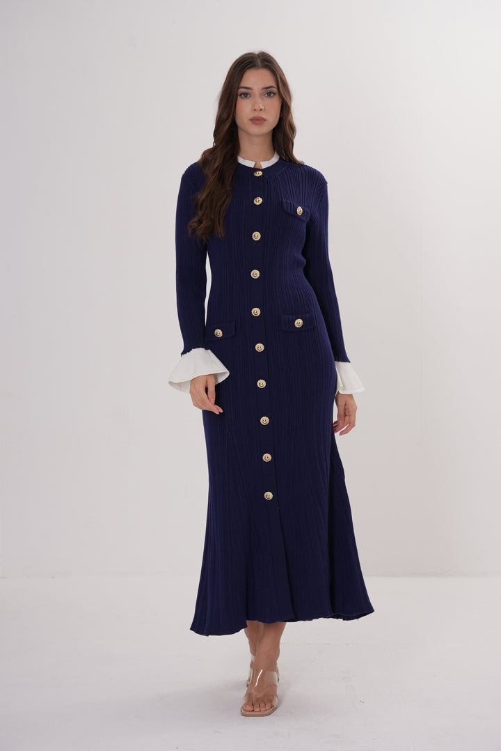 Majestic Knit Contrast Cuffs Sculpted Waist  Maxi Dress