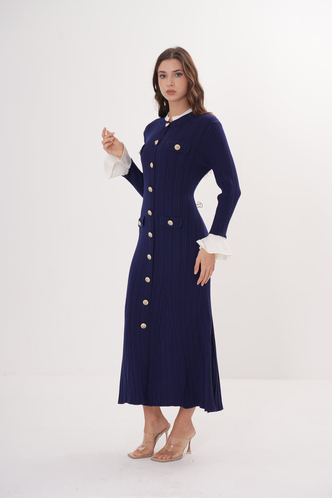 Majestic Knit Contrast Cuffs Sculpted Waist  Maxi Dress